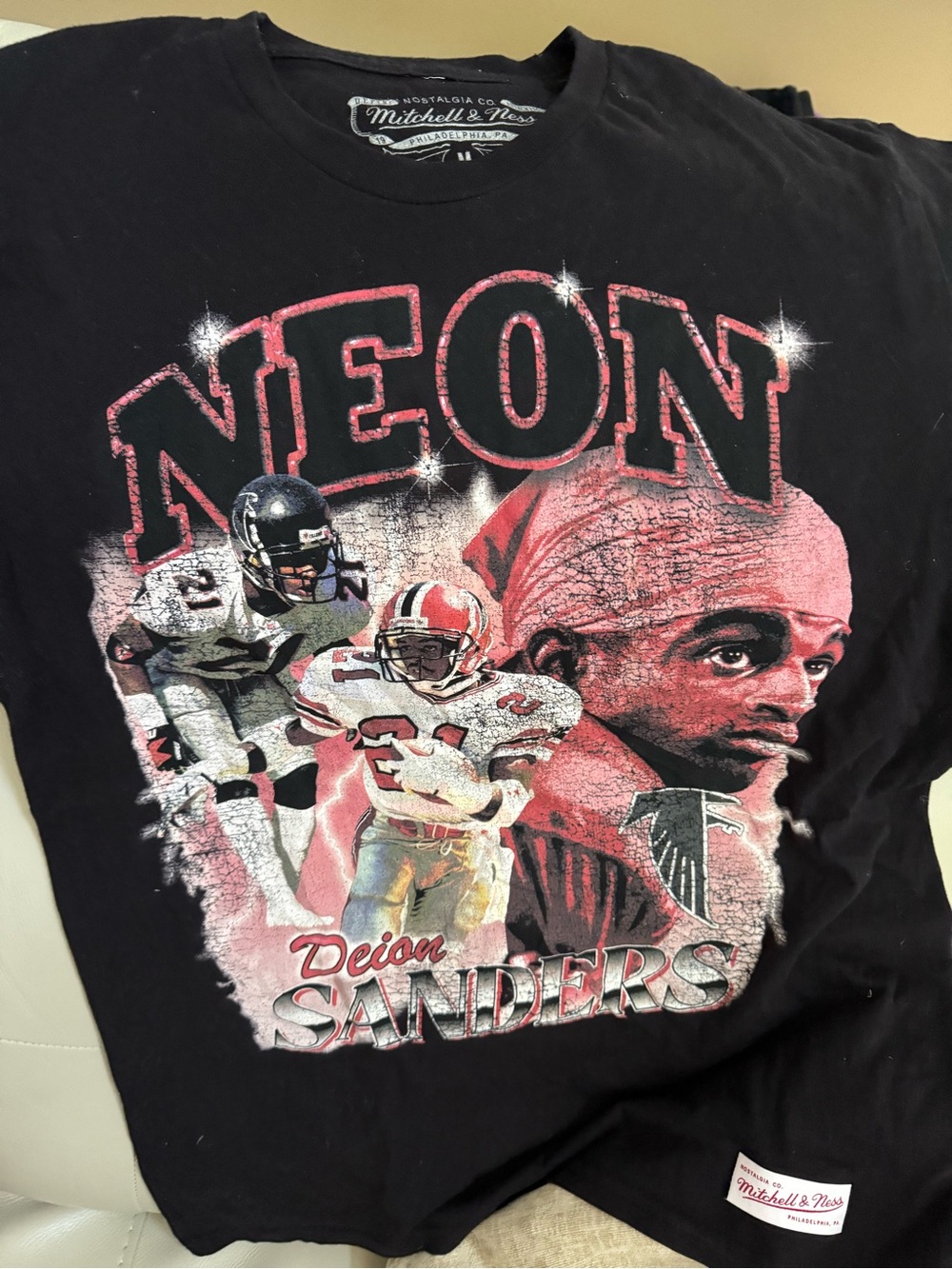 Mitchell & Ness Black and Pink Deion Sanders Neon Graphic Tee